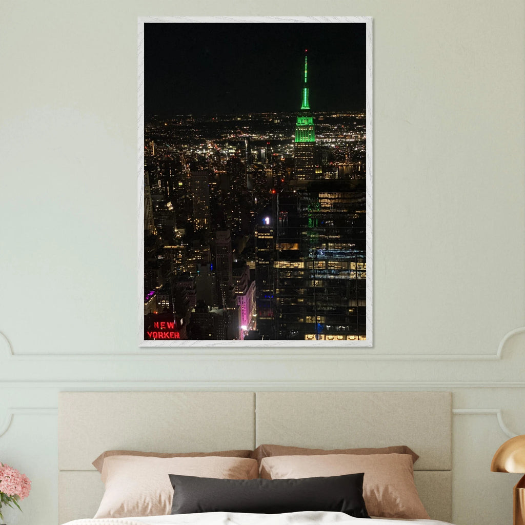 Wood-mounted framed print of iconic NYC Downtown Night View featuring the Empire State Building from the Travel Collection.