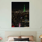 Wood-mounted framed print of iconic NYC Downtown Night View featuring the Empire State Building from the Travel Collection.