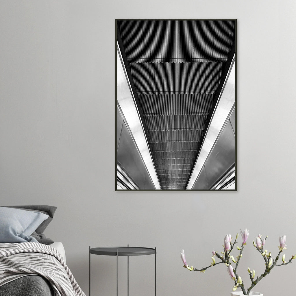 Black and white framed poster of London Tube escalator abstract art from the Travel Collection by My Store.
