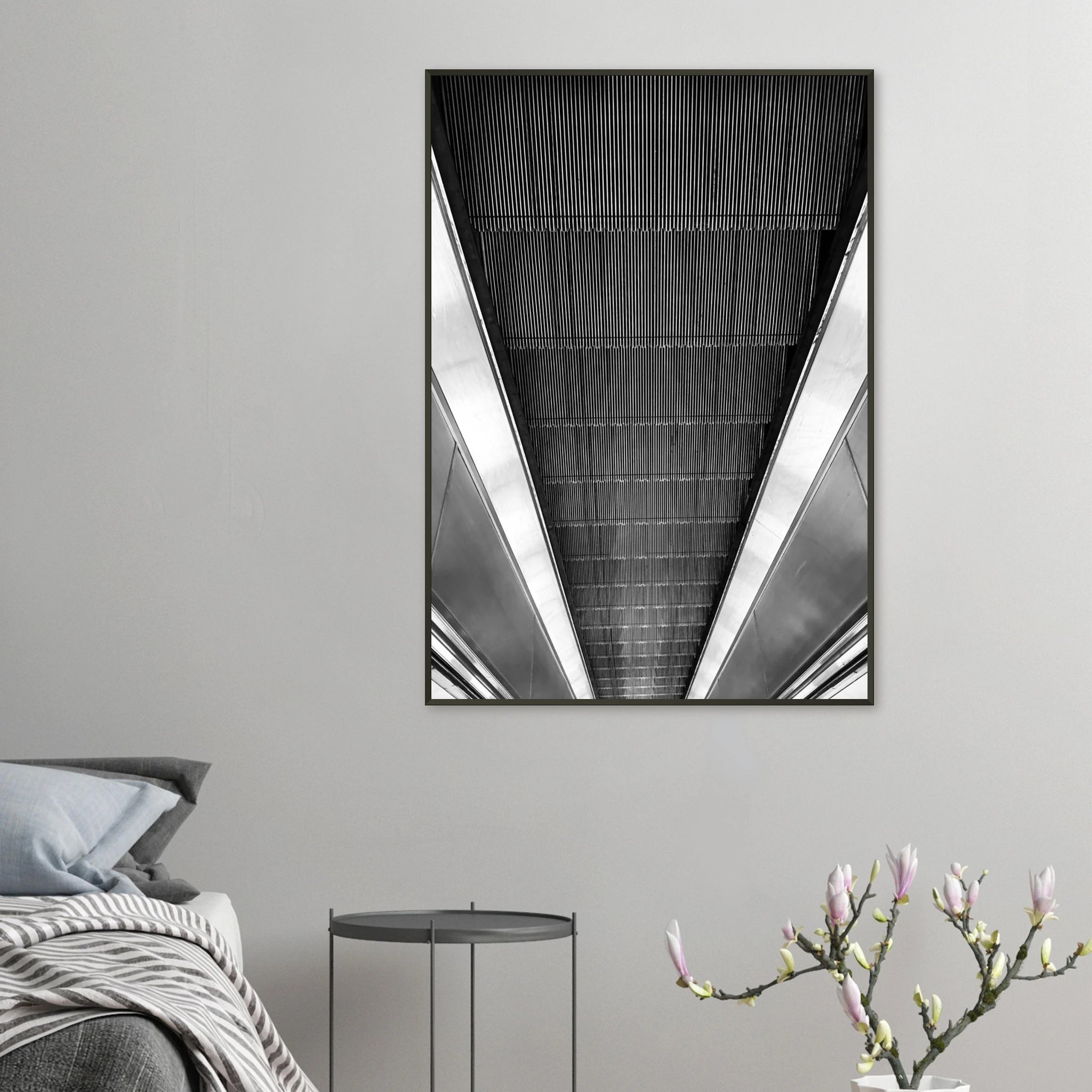 Black and white framed poster of London Tube escalator abstract art from the Travel Collection by My Store.