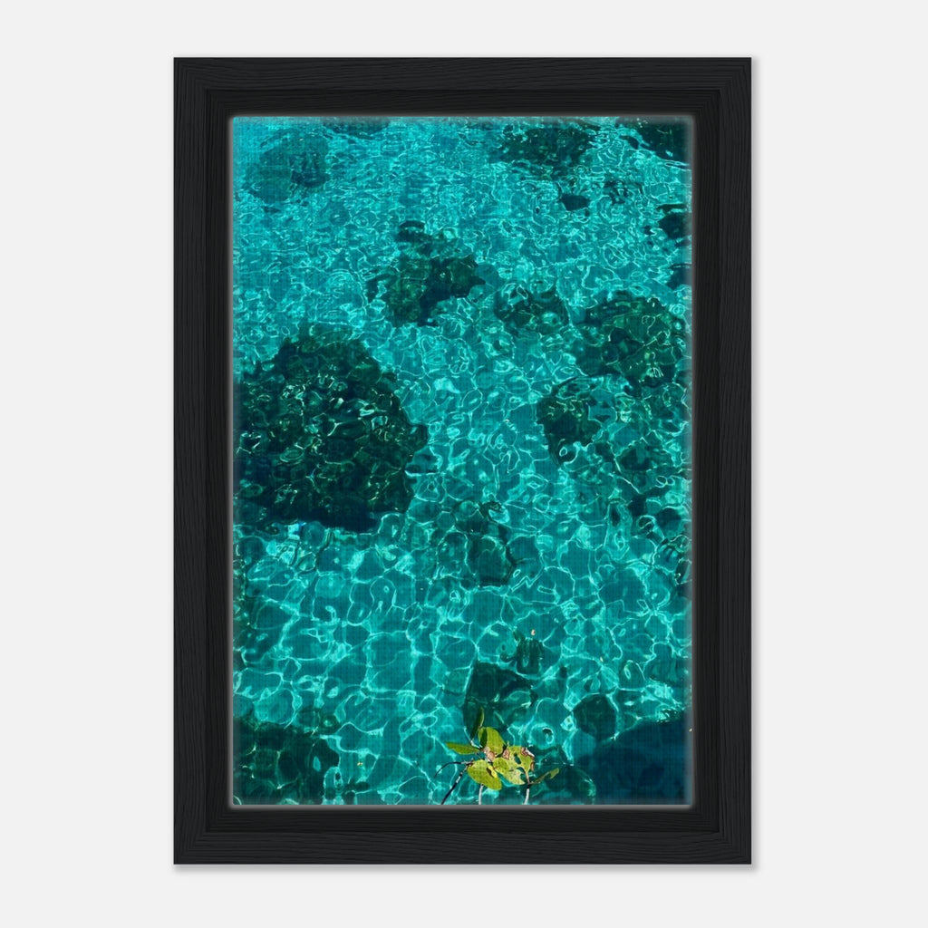 Vibrant tropical summer coastal artwork print in a frame, featuring natural beach and travel-inspired decor on canvas.