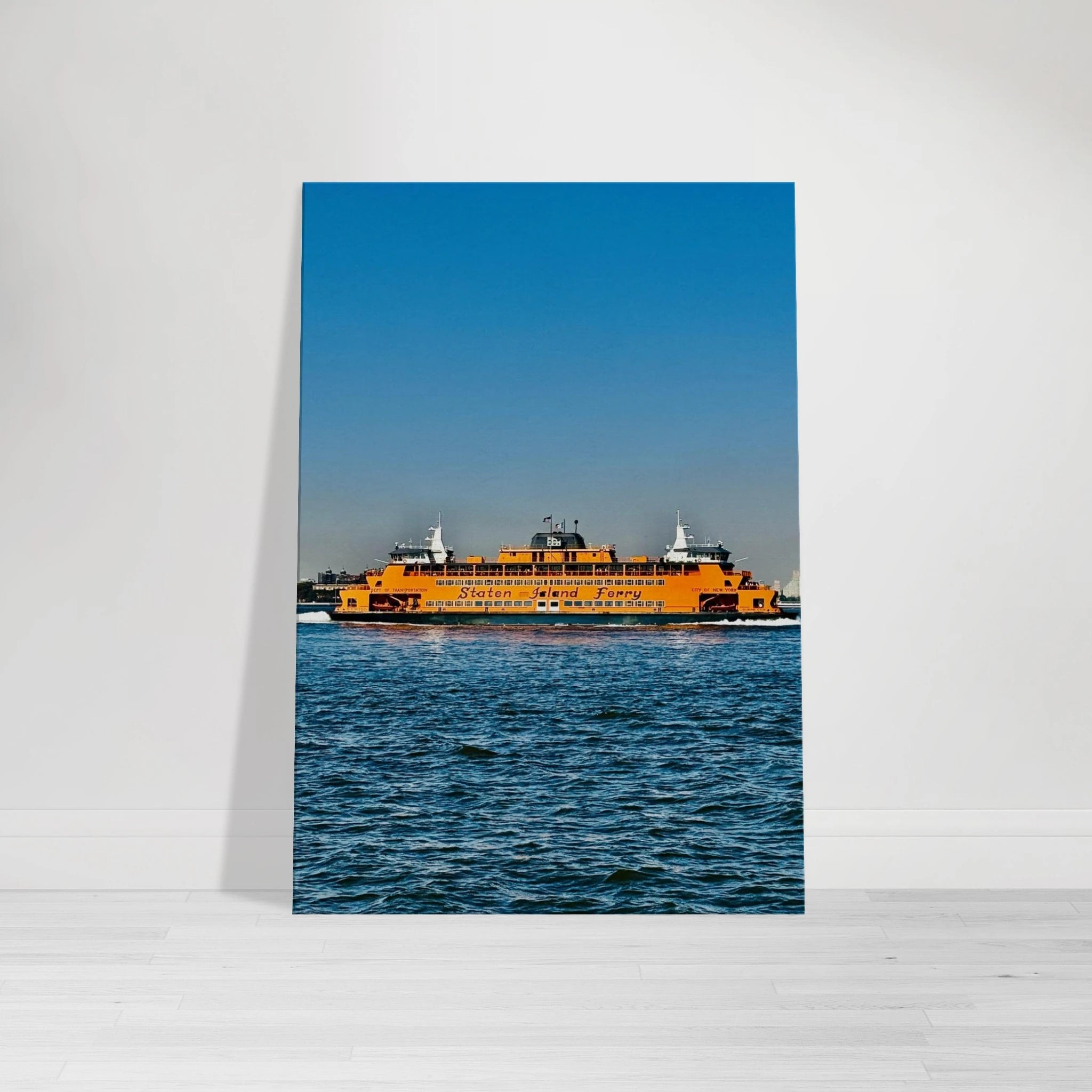 NYC skyline canvas print by CaliCuration featuring an iconic Staten Island Ferry in a travel collection studio edition.