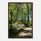 Framed print of Central Park walkway scene from Serene Stroll travel collection, on premium matte paper with wooden frame.