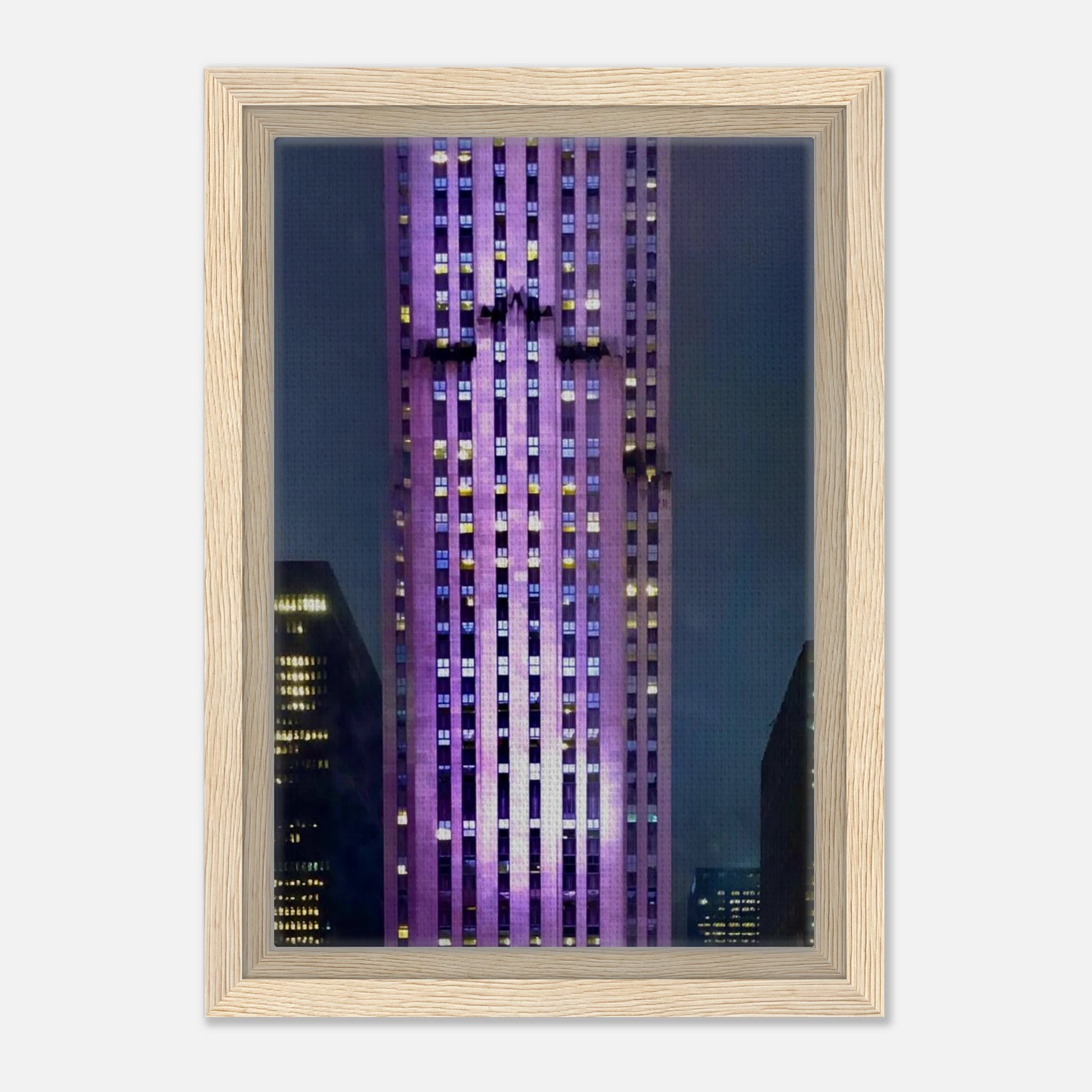 Framed canvas print of NYC holiday skyline in purple hues from My Store's Travel Collection, Studio Edition, showcasing cityscape at night.