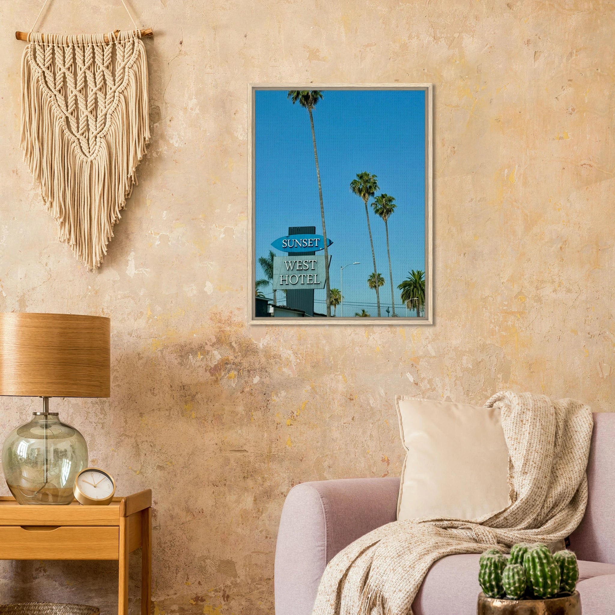 Premium wooden framed canvas print of Sunset Boulevard West Hotel celebrity-style California art by My Store, studio edition.