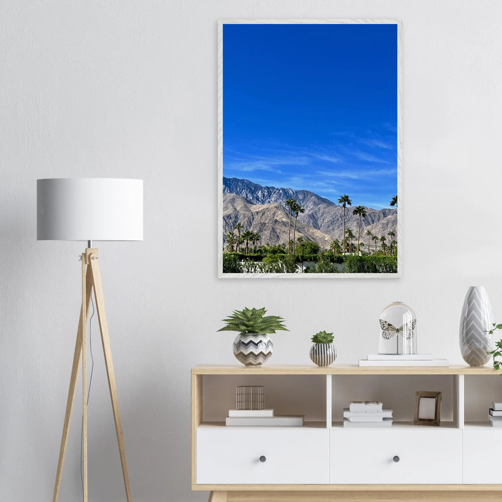 Premium wooden framed poster of a sunny fall day in Palm Springs, California, featuring vibrant autumn scenery and stylish design.
