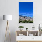 Premium wooden framed poster of a sunny fall day in Palm Springs, California, featuring vibrant autumn scenery and stylish design.