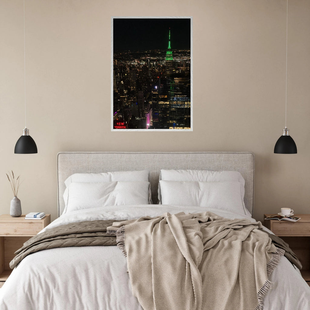 Premium wood-mounted framed poster of NYC downtown night view with Empire State Building, part of the Studio Edition Travel Collection.