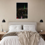 Premium wood-mounted framed poster of NYC downtown night view with Empire State Building, part of the Studio Edition Travel Collection.