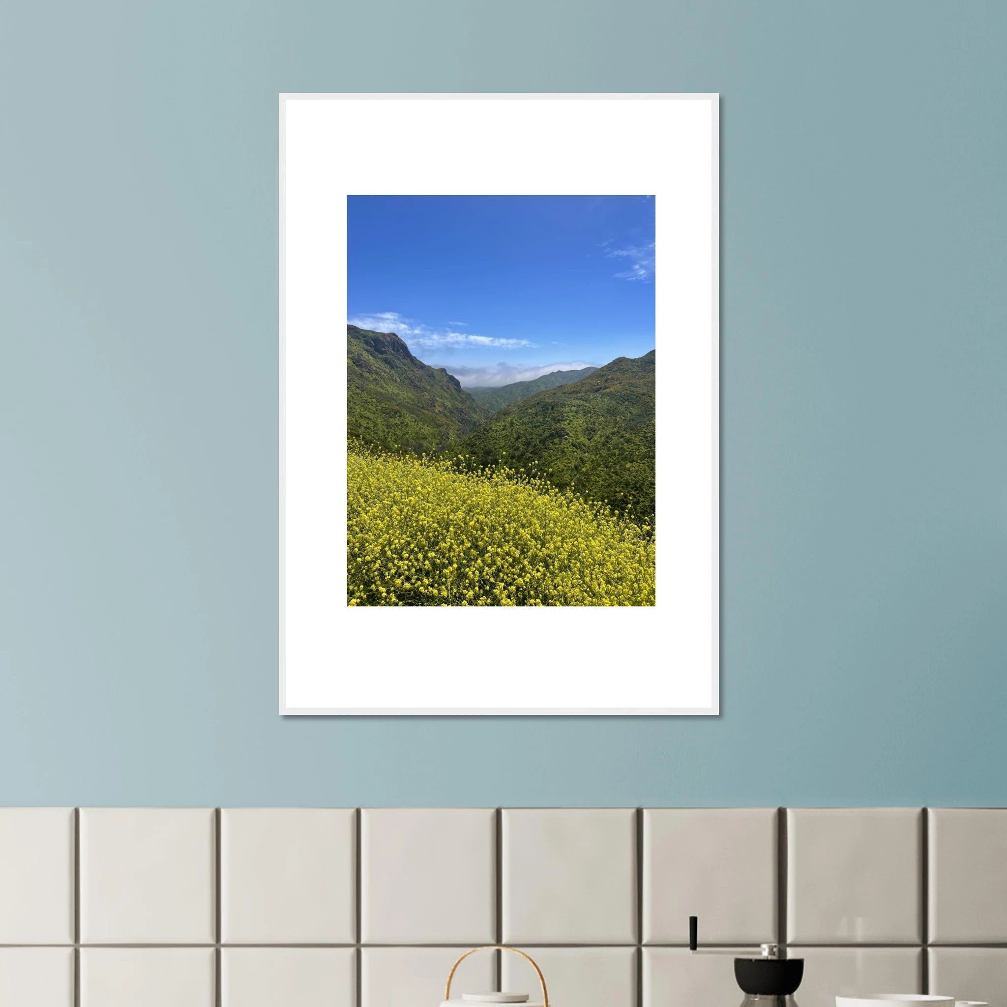 High-quality framed art print of Malibu Canyon in spring bloom wildflowers by My Store, showcasing vibrant California landscape art.