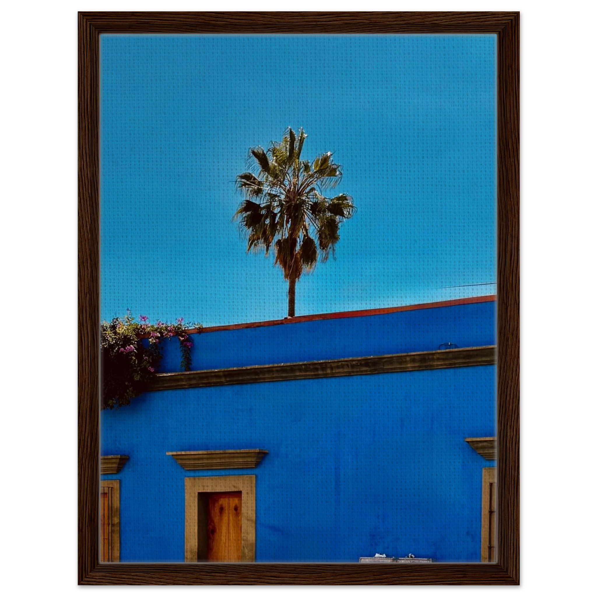 Oaxaca streets scene print by CaliCuration featuring a palm tree in a blue framed canvas artwork from the Mexico travel collection.