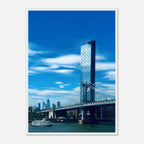 Framed NYC Manhattan Bridge and East River urban photography print, showcasing iconic cityscape and vibrant bridge details.