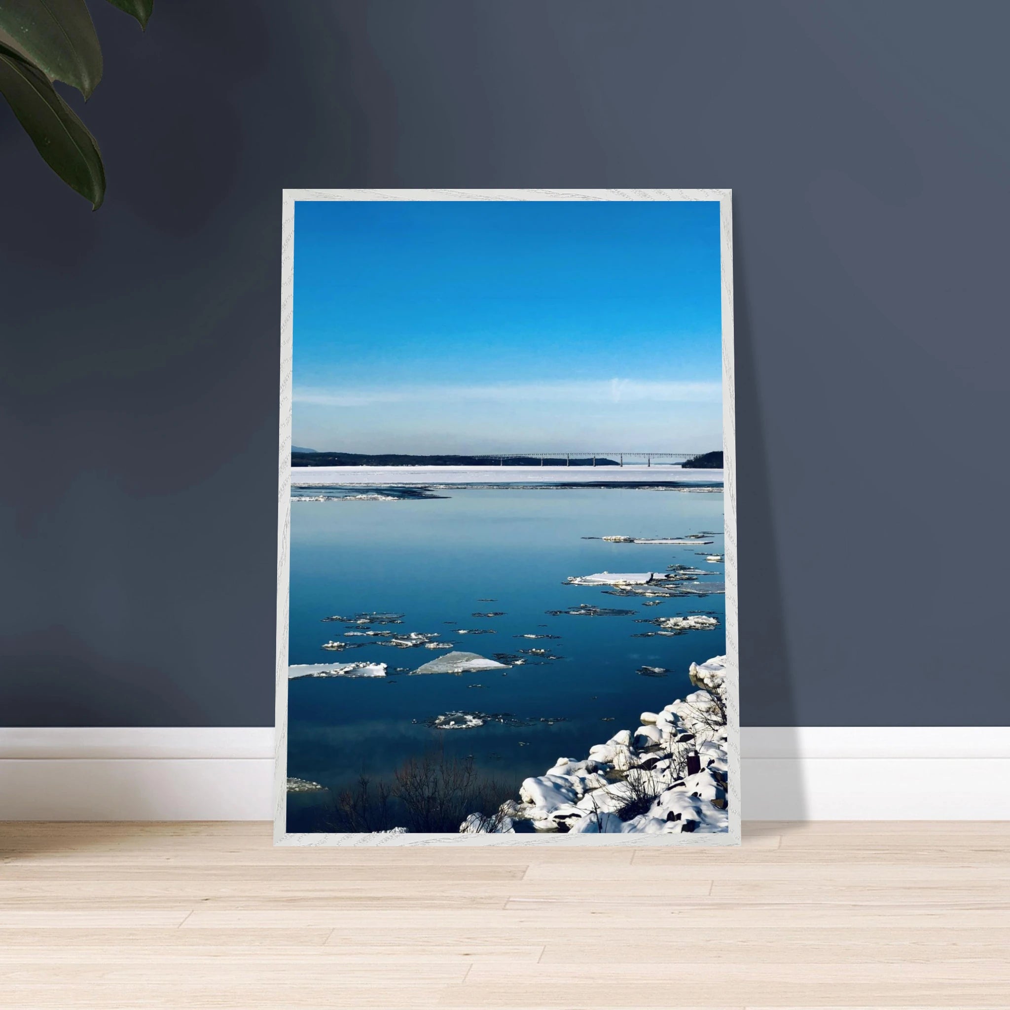 Wooden framed Hudson Valley winter poster with snowy scenery, part of the Travel Collection Studio Edition holiday print by My Store.