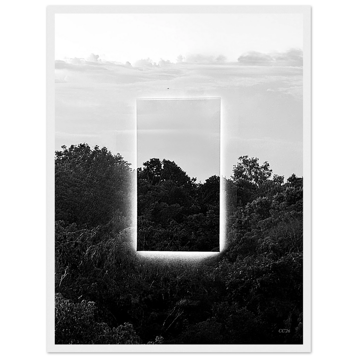 Black and white print titled "A Window into Jungle Stillness" by CaliCuration, showcasing a tranquil jungle scene.