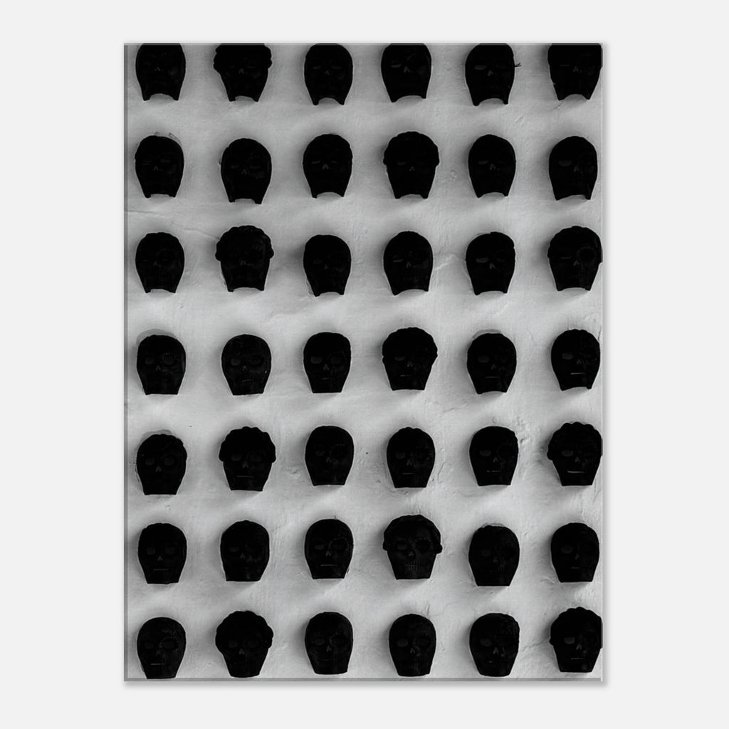 Black and white monochrome skull grid canvas wall art, minimalist statement photography print for modern home decor.