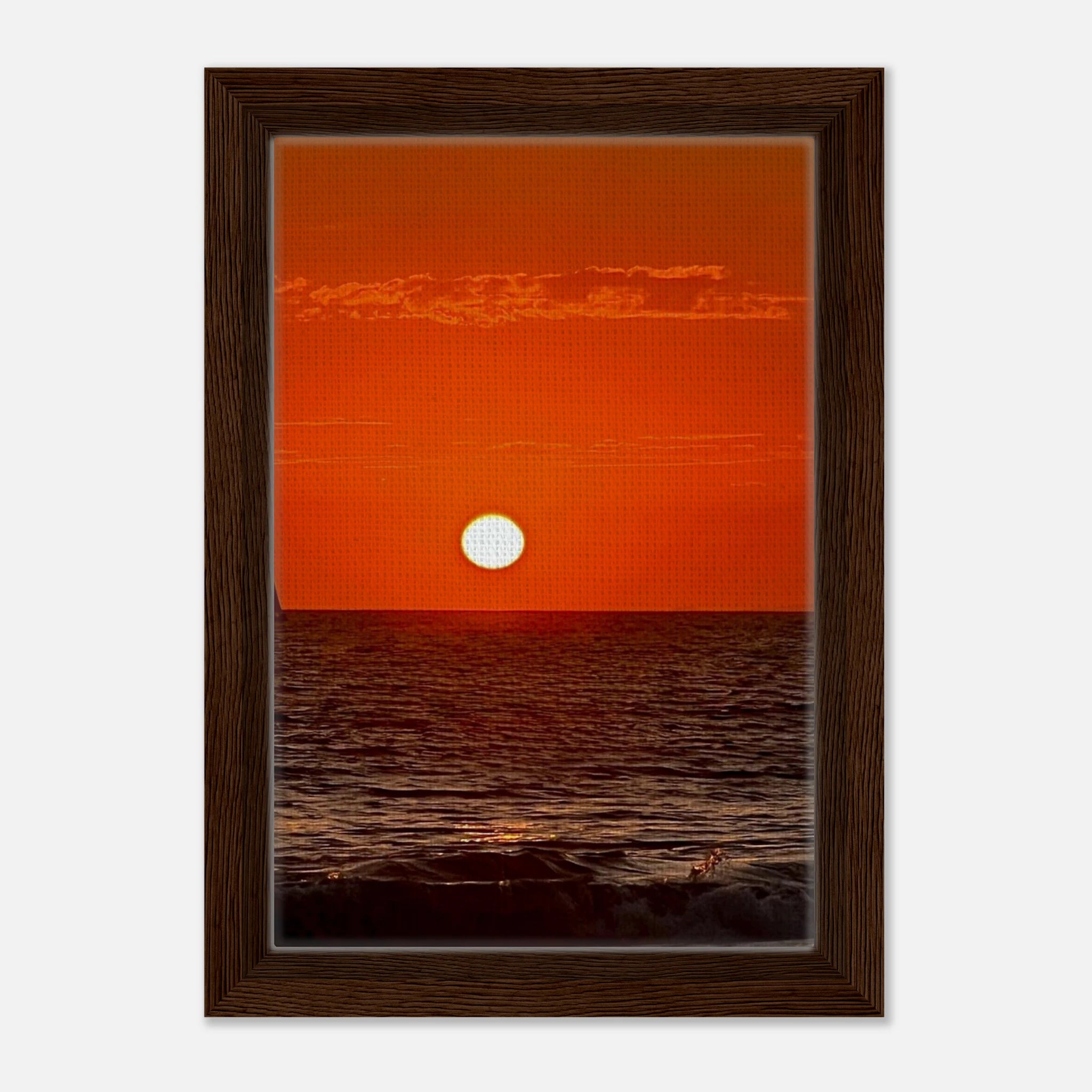 Framed canvas print of California Red Sunset Series 1/3 by CaliCuration, featuring vibrant red hues and sunset landscape art.
