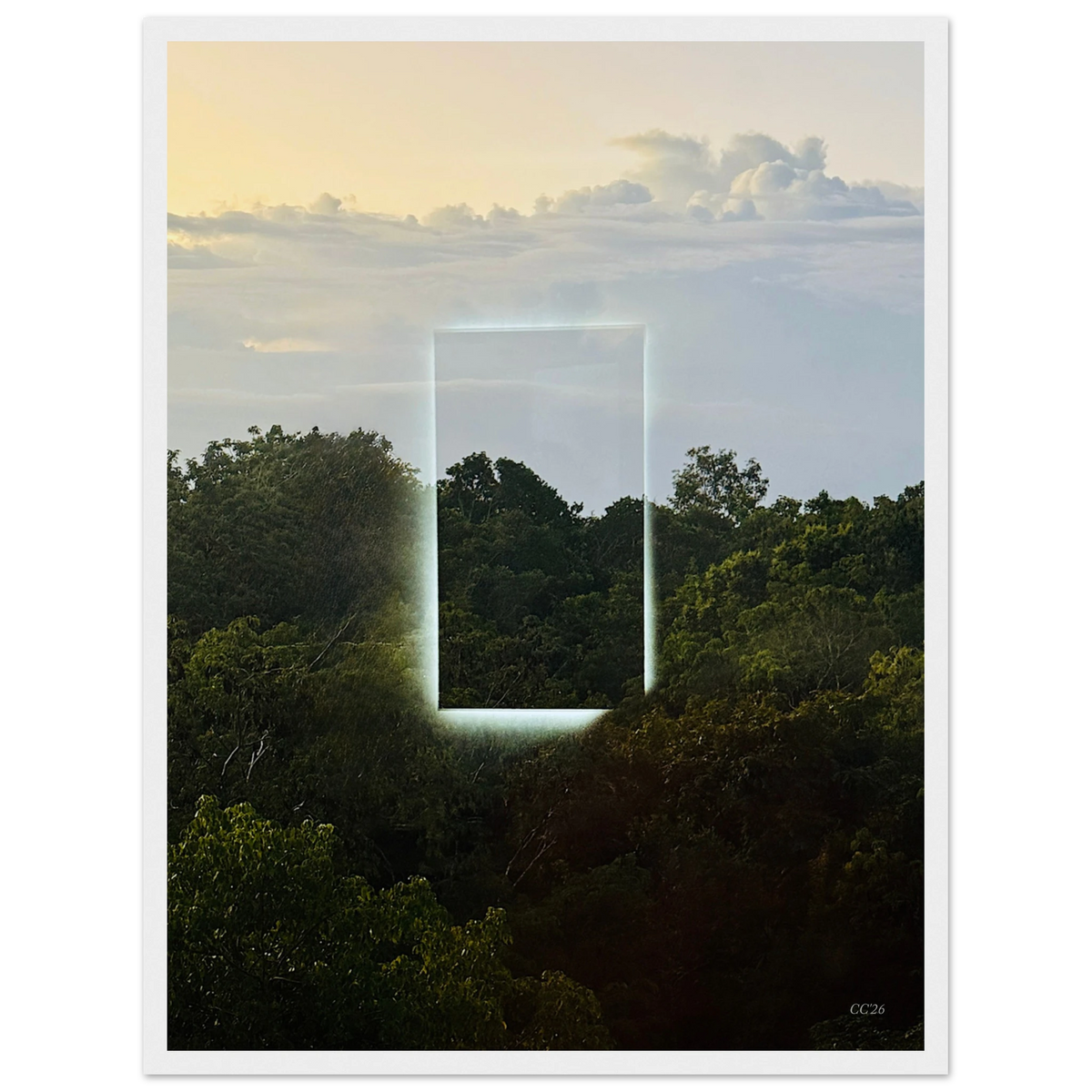 Color print titled "A Window into Jungle Stillness" by CaliCuration, showcasing a serene jungle scene in vibrant colors.
