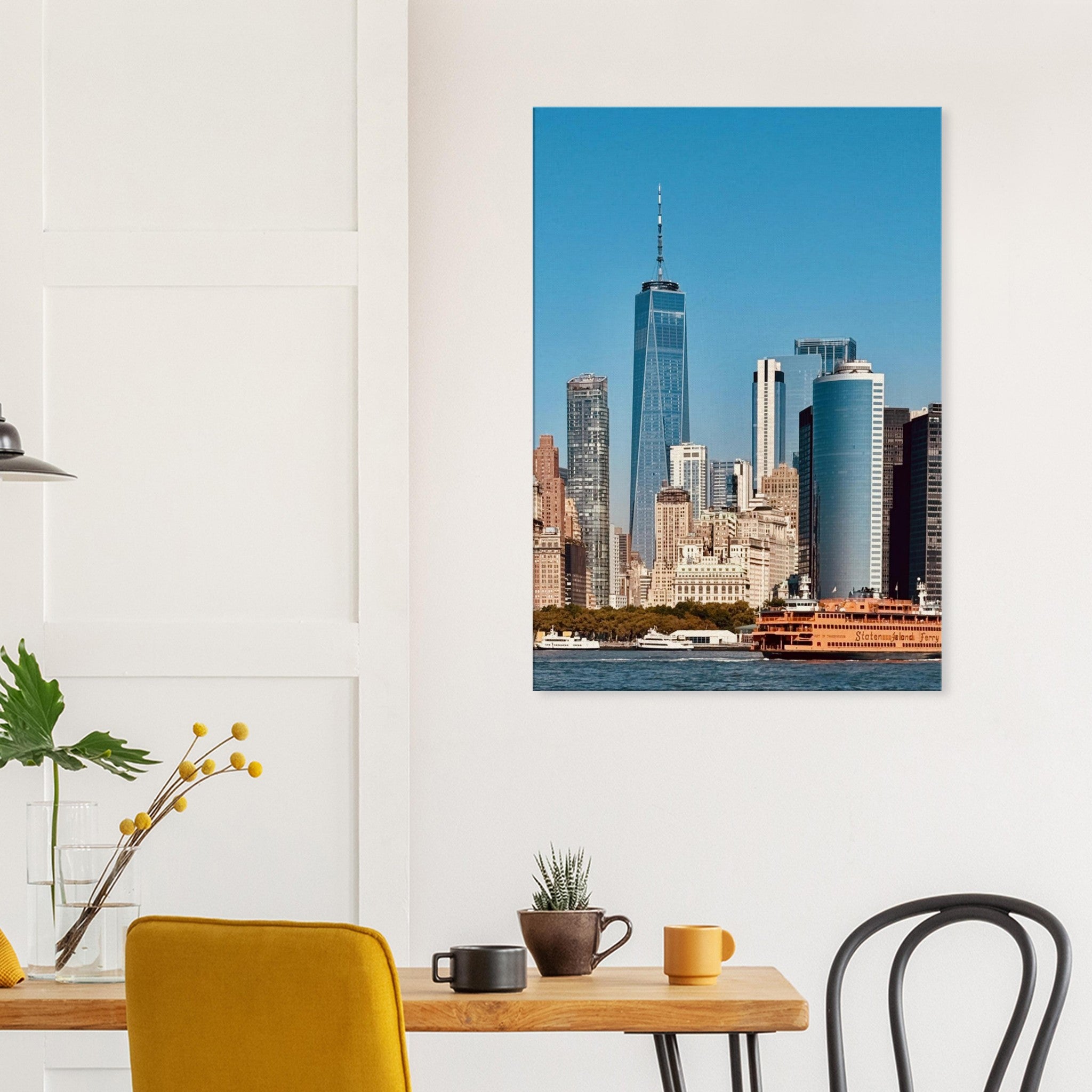 NYC skyline canvas print by My Store featuring the World Trade Center and Staten Island Ferry in a travel collection studio edition.