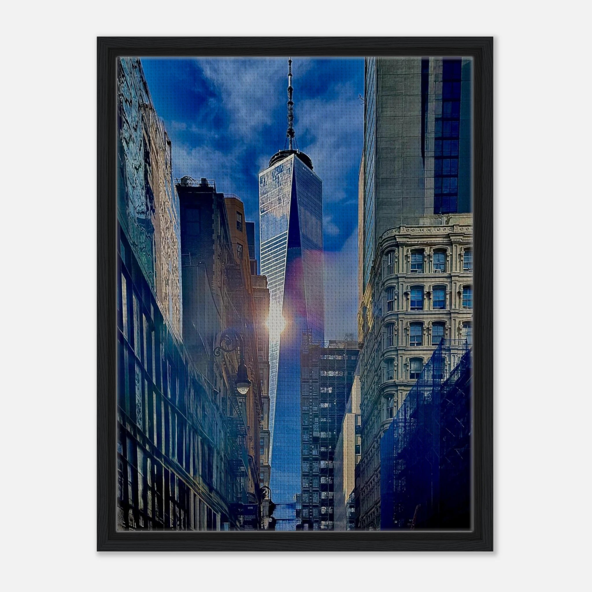 Framed canvas print of NYC One World Trade sunlight reflection, part of the Travel Collection, Studio Edition by My Store.