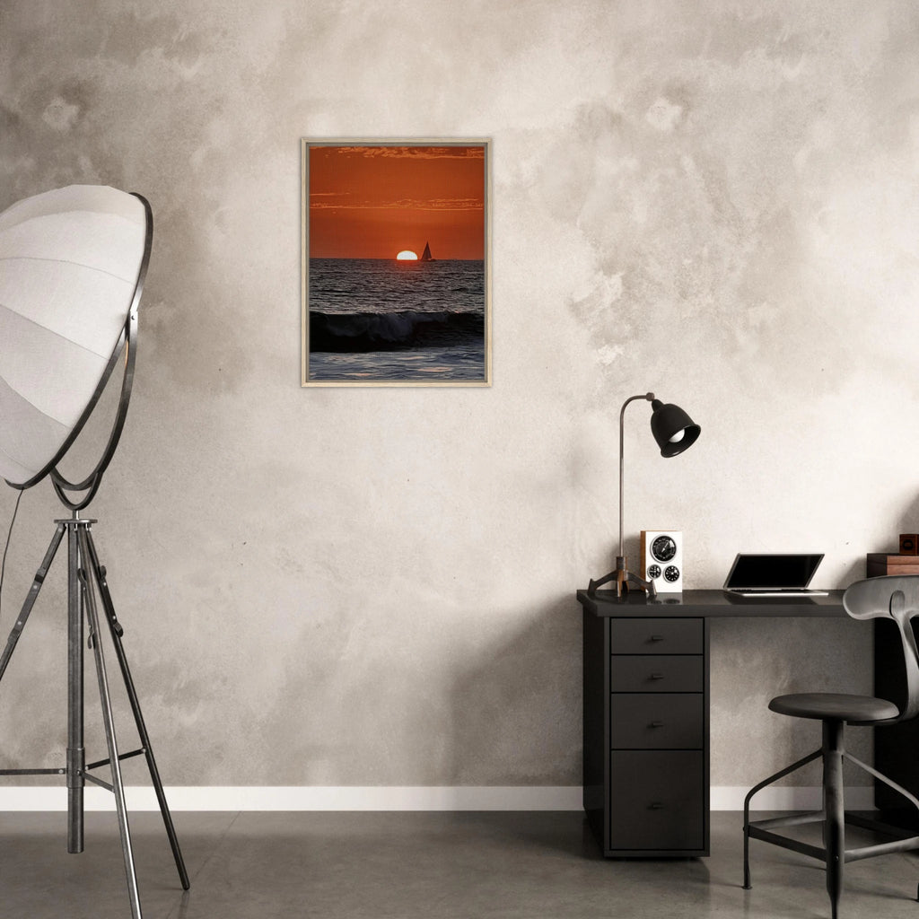 Wooden framed canvas print of California Red Sunset Series 4/4 by CaliCuration, featuring vibrant red hues in a captivating sunset scene.