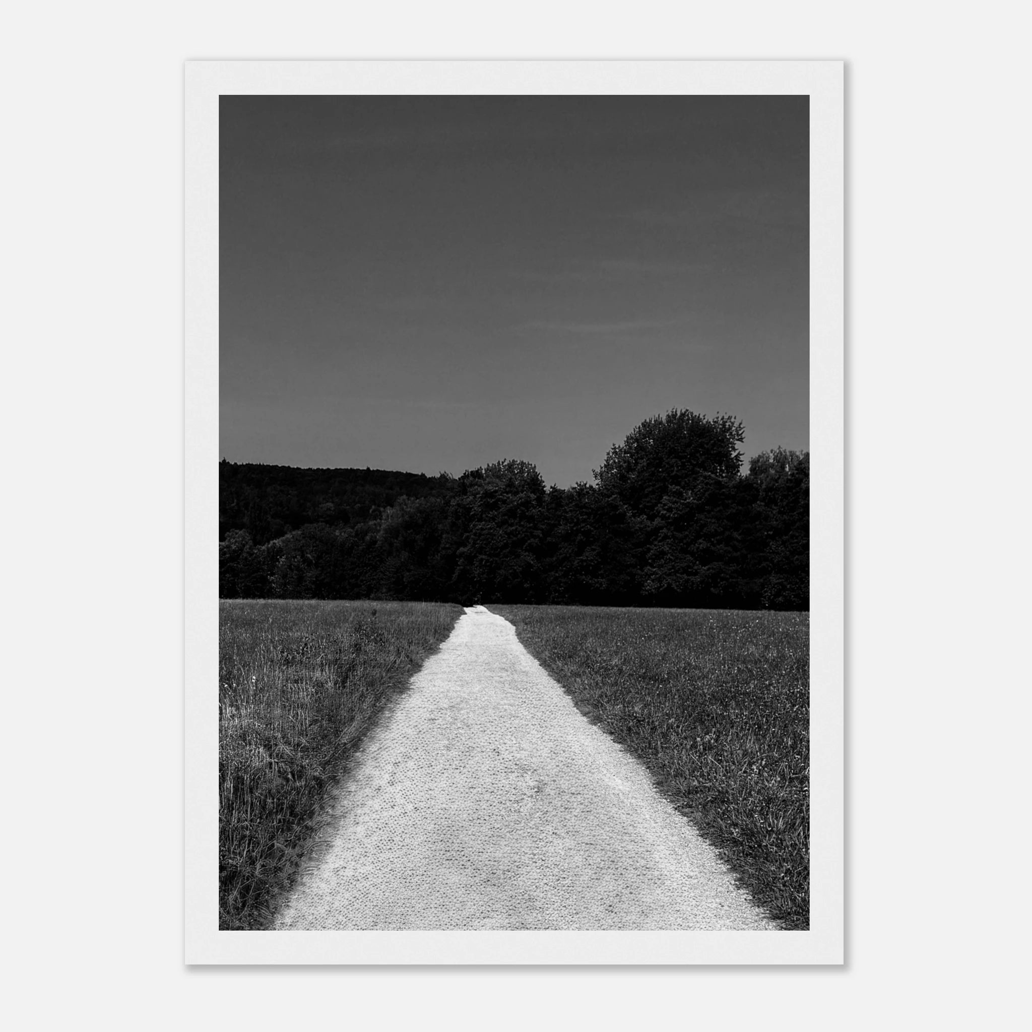 Black and white framed poster of a summer road scene from the Travel Collection, printed on premium semi-glossy paper.
