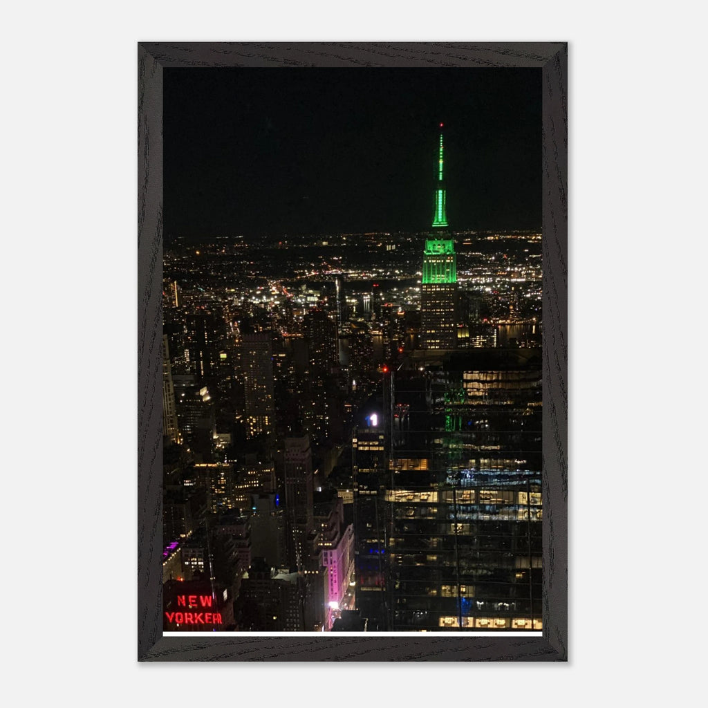 Premium wood-mounted framed poster of NYC downtown night view with Empire State Building, part of Studio Edition Travel Collection.