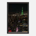 Premium wood-mounted framed poster of NYC downtown night view with Empire State Building, part of Studio Edition Travel Collection.