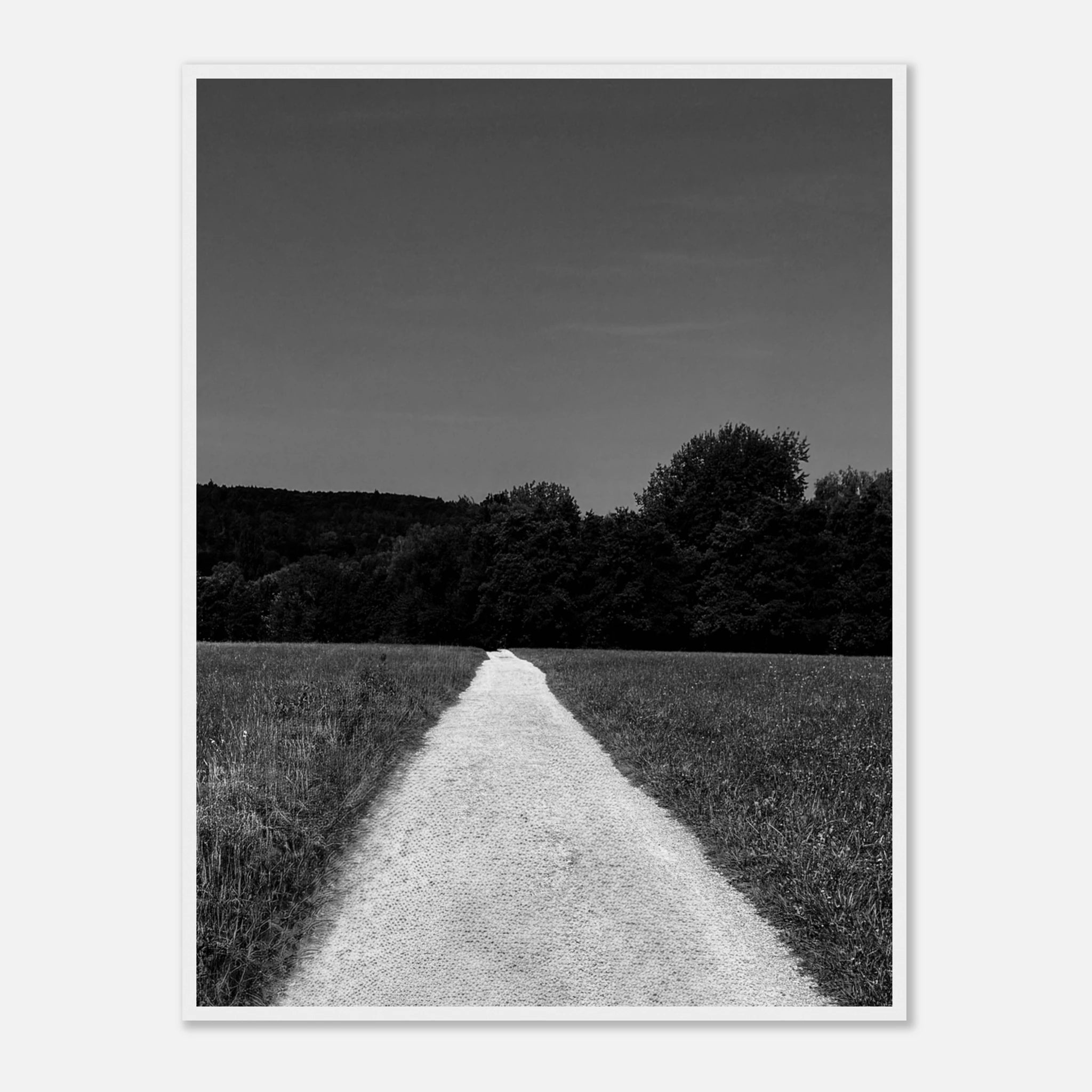 Black and white framed poster of a summer road scene from the Travel Collection, featuring a wooden frame and semi-glossy paper finish.