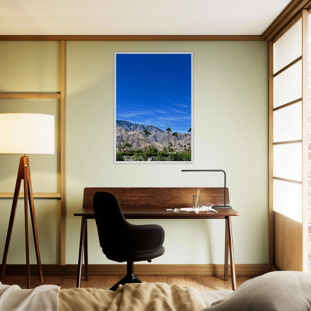 Wooden framed poster of a sunny fall day in Palm Springs, California, featuring vibrant autumn colors and scenic landscape art.