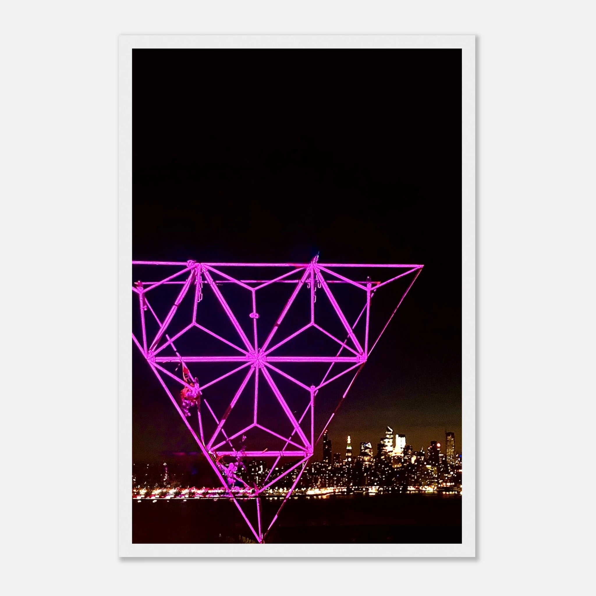 Framed poster of New York City holiday art featuring a vibrant Manhattan night view with Empire State Building, part of the travel collection.