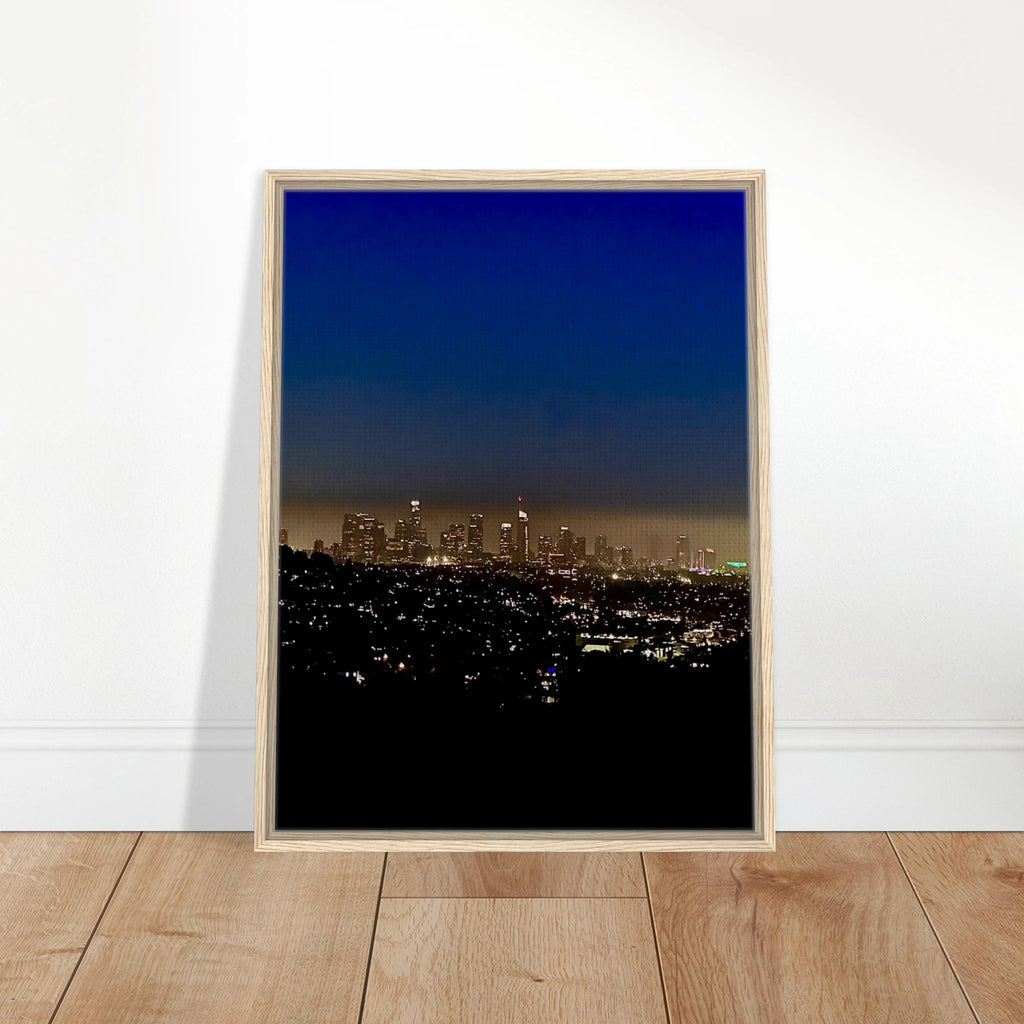 Premium wooden framed canvas print of Los Angeles Downtown Nightglow, elegant home wall art, California Studio Edition, holiday decorative piece.