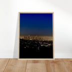 Premium wooden framed canvas print of Los Angeles Downtown Nightglow, elegant home wall art, California Studio Edition, holiday decorative piece.