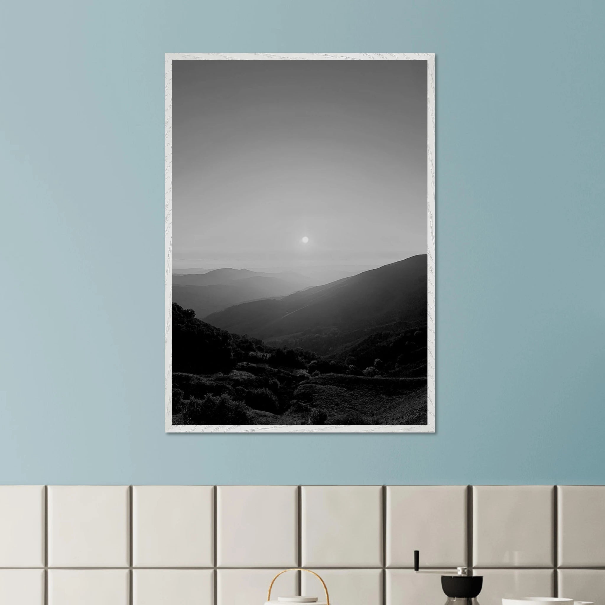 Black and white mounted framed poster of California Central Coast sunset, part of the Studio Edition travel collection.