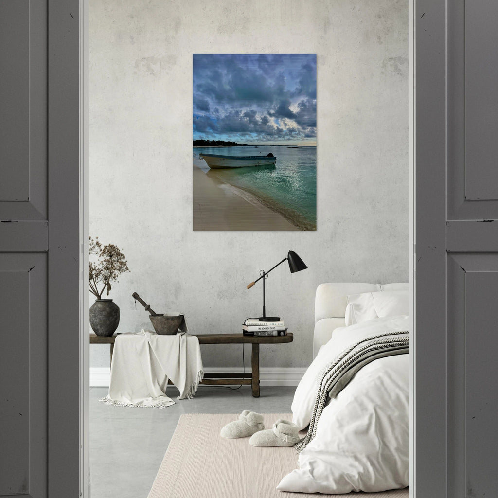 Brushed aluminum print of a calm Caribbean beach scene featuring a fisherboat, from CaliCuration's Idyllic Tulum Travel Collection.