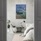 Brushed aluminum print of a calm Caribbean beach scene featuring a fisherboat, from CaliCuration's Idyllic Tulum Travel Collection.
