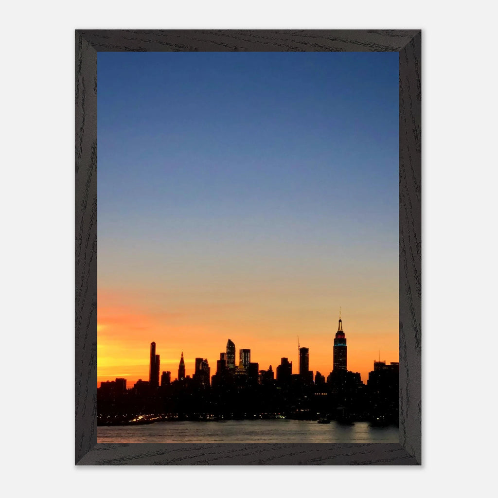 Manhattan skyline sunset framed poster featuring NYC cityscape wall art with vibrant colors and modern print material from My Store.