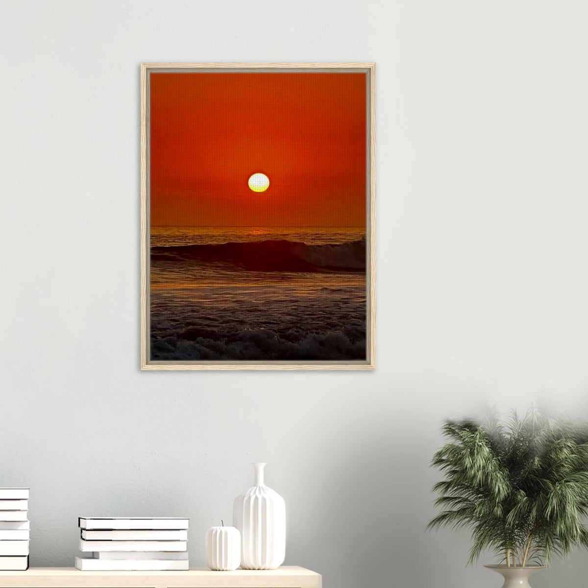 Framed canvas print of a Southern California Red Sunset by CaliCuration, showcasing vibrant sunset colors and scenic landscape.