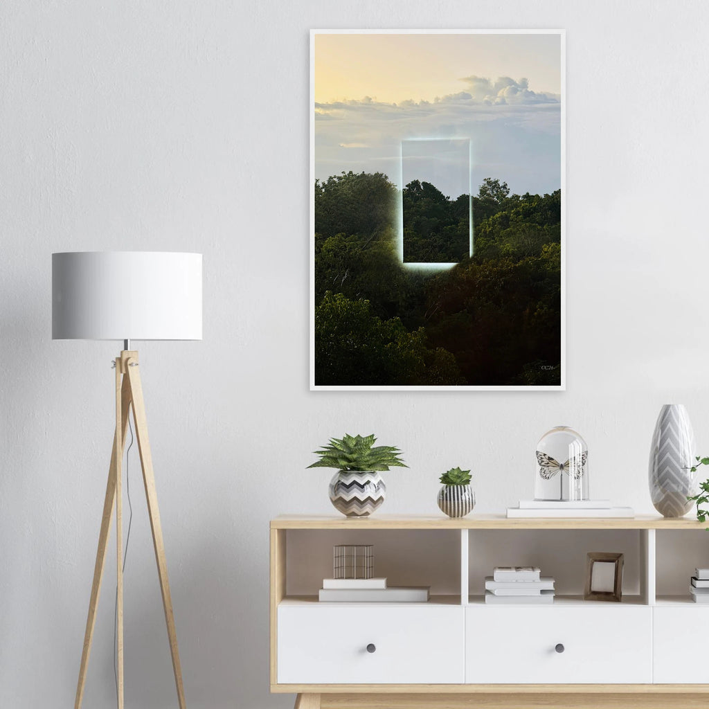 Color print of "A Window into Jungle Stillness" by CaliCuration, showcasing lush jungle scenery in a serene, vibrant image.