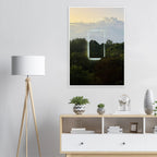 Color print of "A Window into Jungle Stillness" by CaliCuration, showcasing lush jungle scenery in a serene, vibrant image.