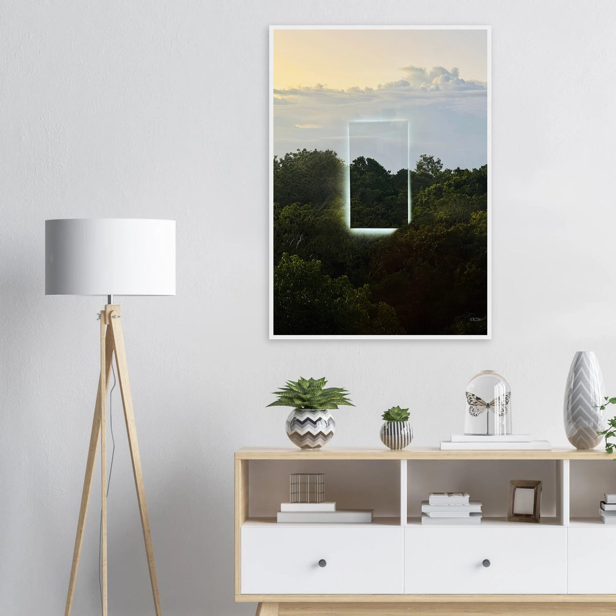 Color print of "A Window into Jungle Stillness" by CaliCuration, showcasing lush jungle scenery in a serene, vibrant image.