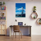 Framed NYC Manhattan Bridge and East River urban photography print, showcasing iconic New York City skyline and bridge details.