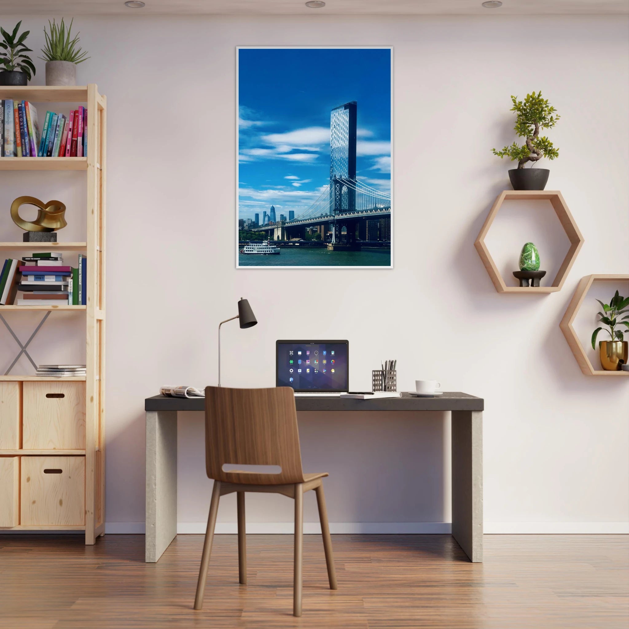 Framed NYC Manhattan Bridge and East River urban photography print, showcasing iconic New York City skyline scene.