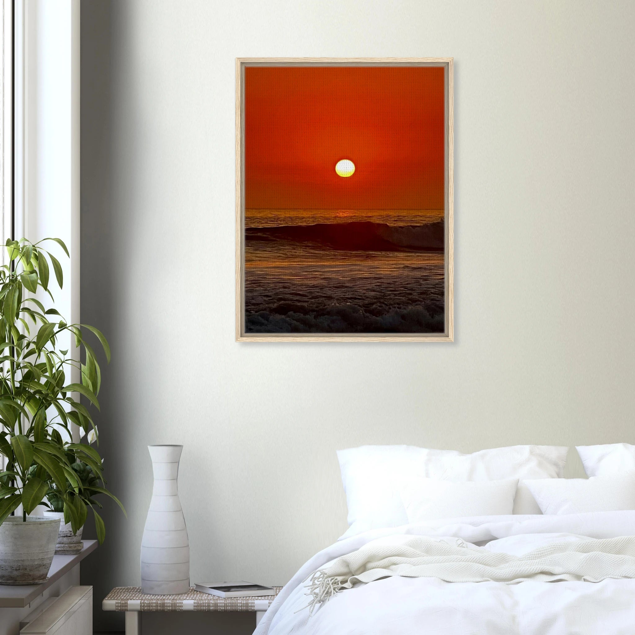 Framed canvas print of California Red Sunset Series 3/3 by CaliCuration, featuring vibrant red sunset hues and artistic studio edition design.