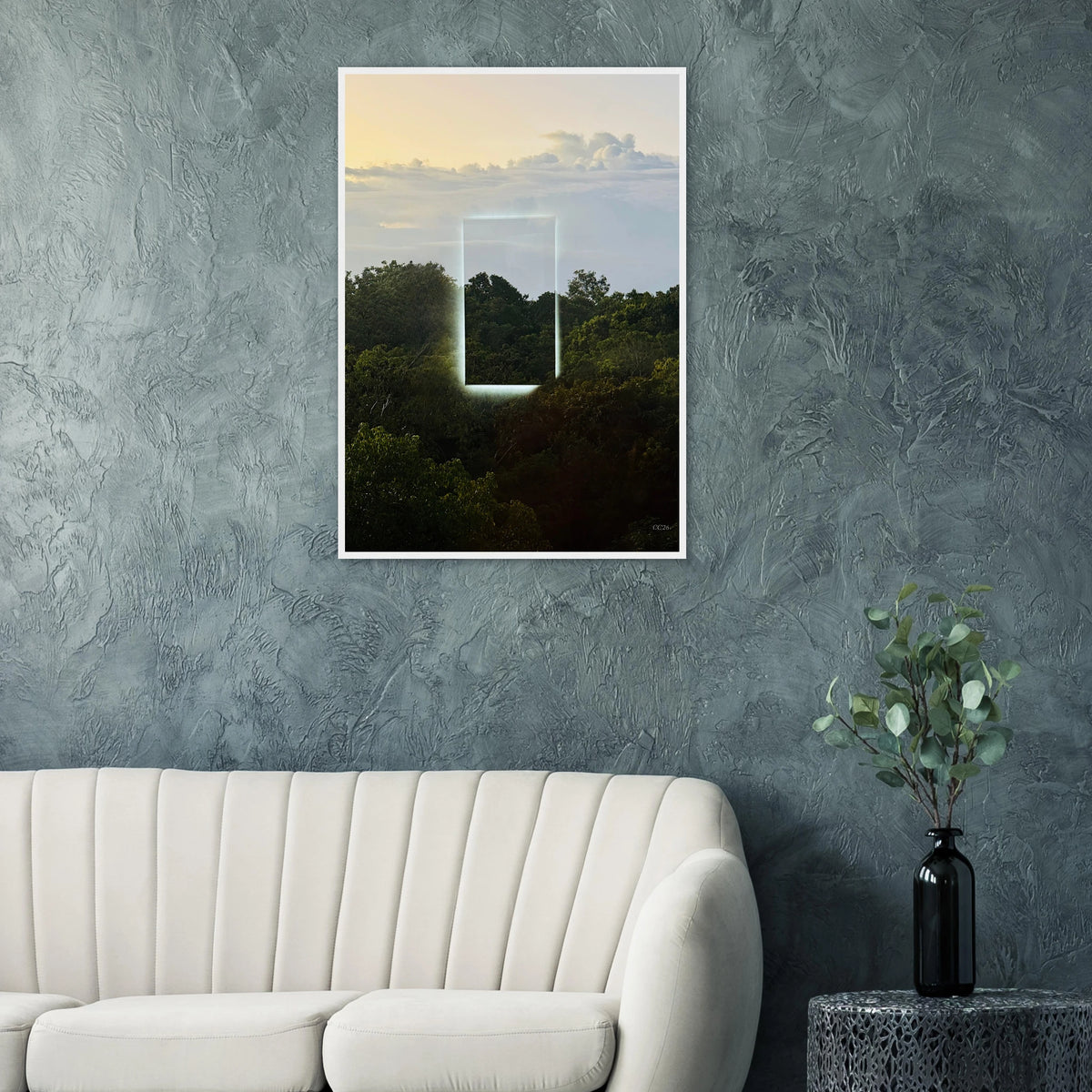 Color print of "A Window into Jungle Stillness" by CaliCuration, showcasing lush jungle scenery and tranquil natural beauty.