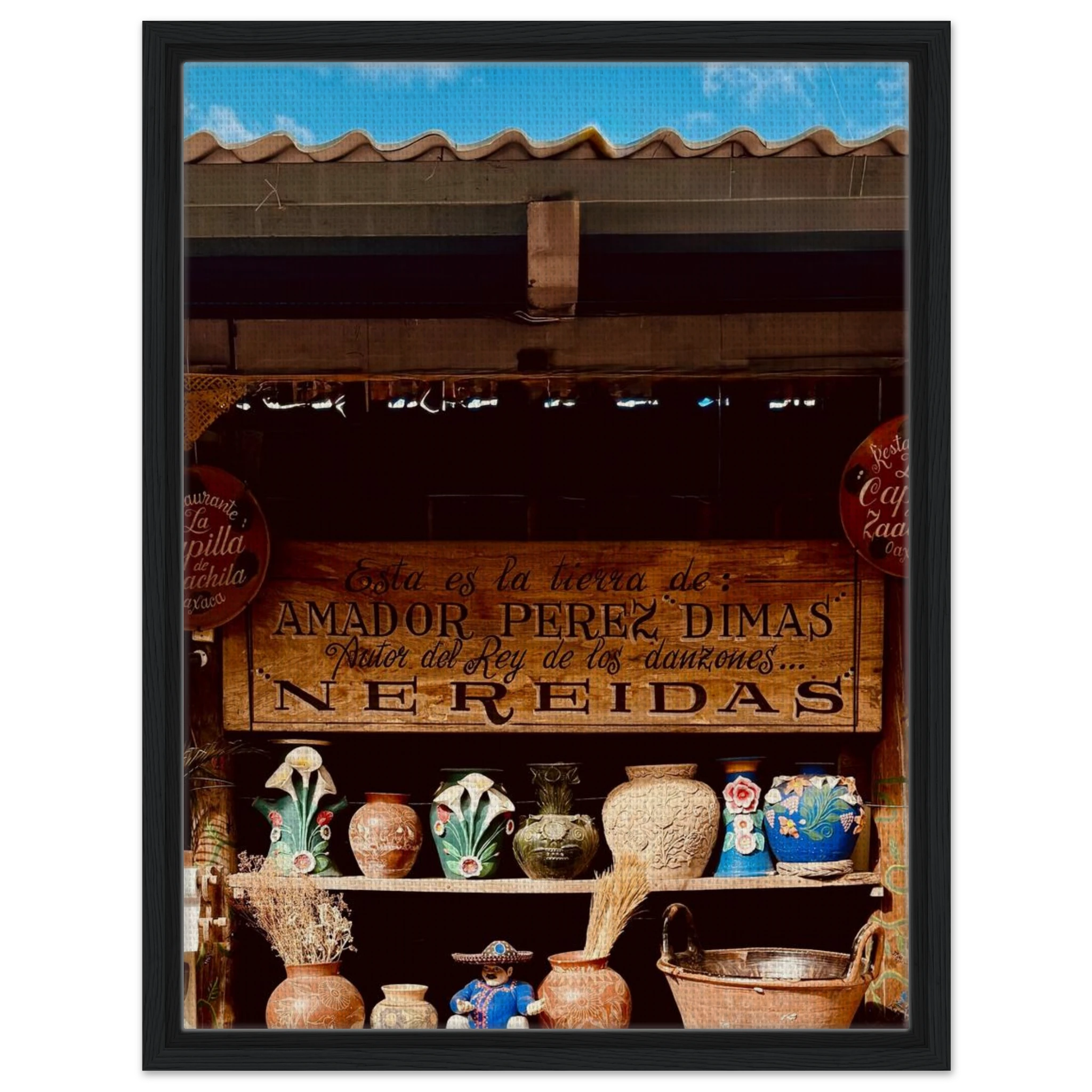 Colorful framed canvas print of Oaxaca street fair scene from CaliCuration's Mexico travel collection, Studio Edition Spring 2026.
