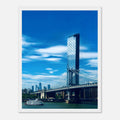 NYC Manhattan Bridge and East River framed poster wall art print, showcasing a detailed cityscape scene.