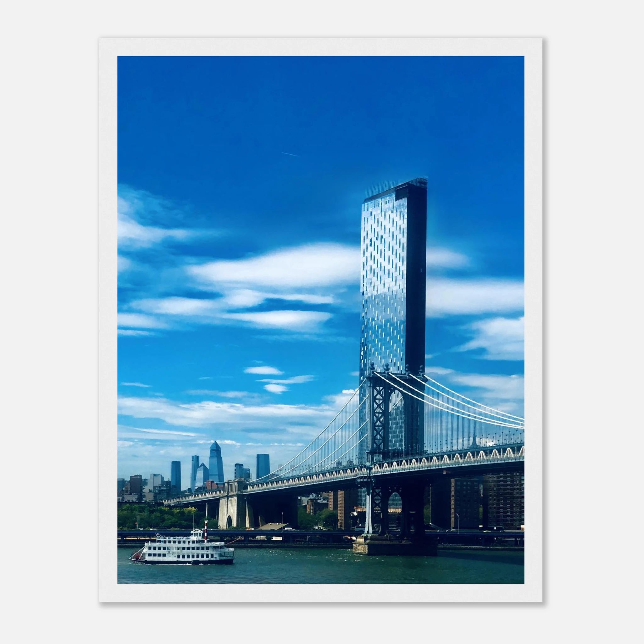 Framed NYC Manhattan Bridge and East River urban photography print, showcasing iconic New York City skyline and bridge details.