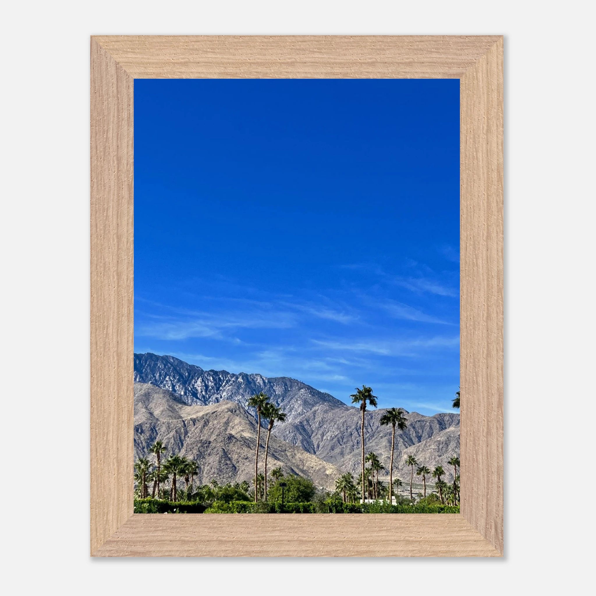 Wooden framed poster of a sunny fall day in Palm Springs, California, featuring vibrant autumn scenery and outdoor landscape art.