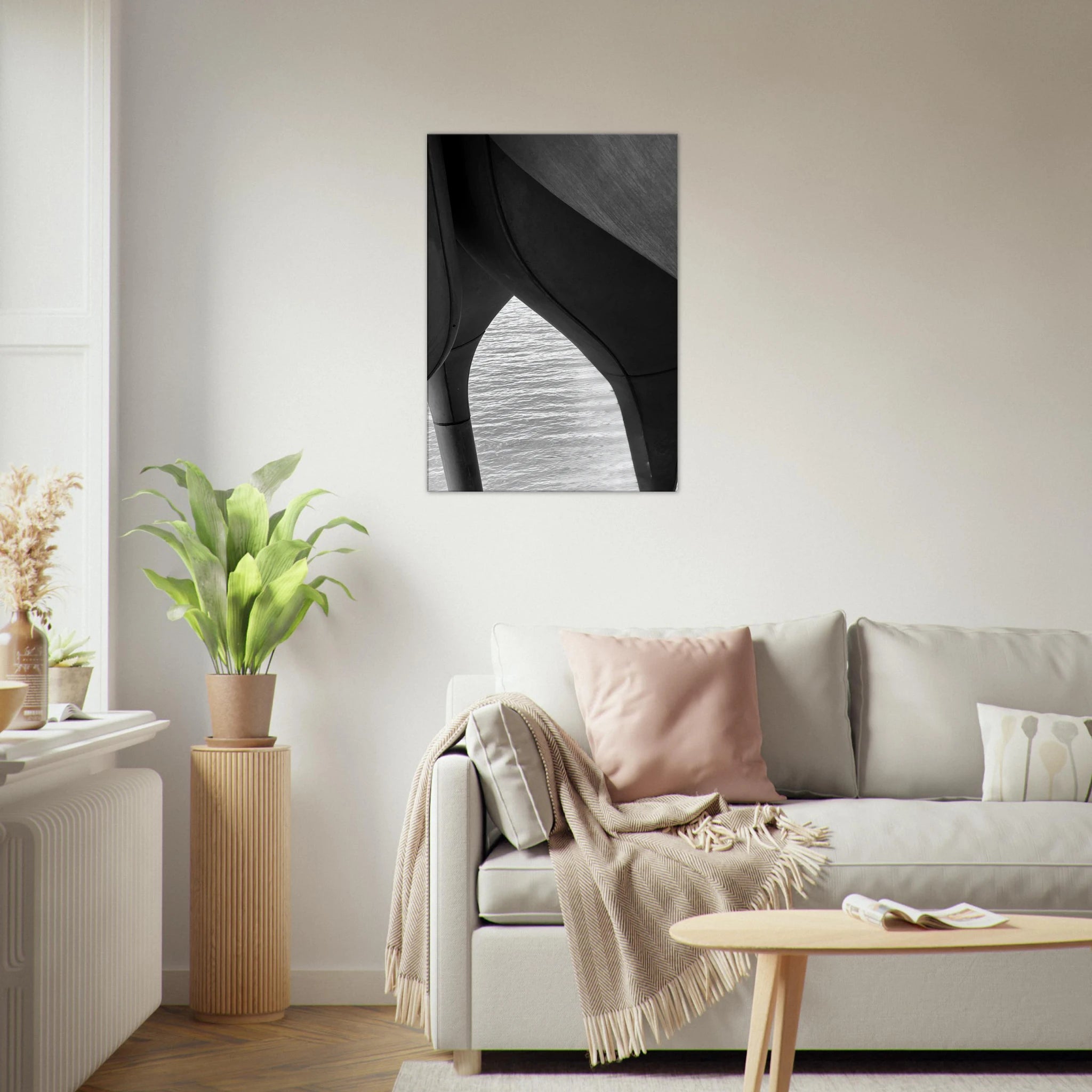 Black and white abstract canvas print of NYC Hudson River pier with high heels in water, part of Studio Edition Travel Collection.