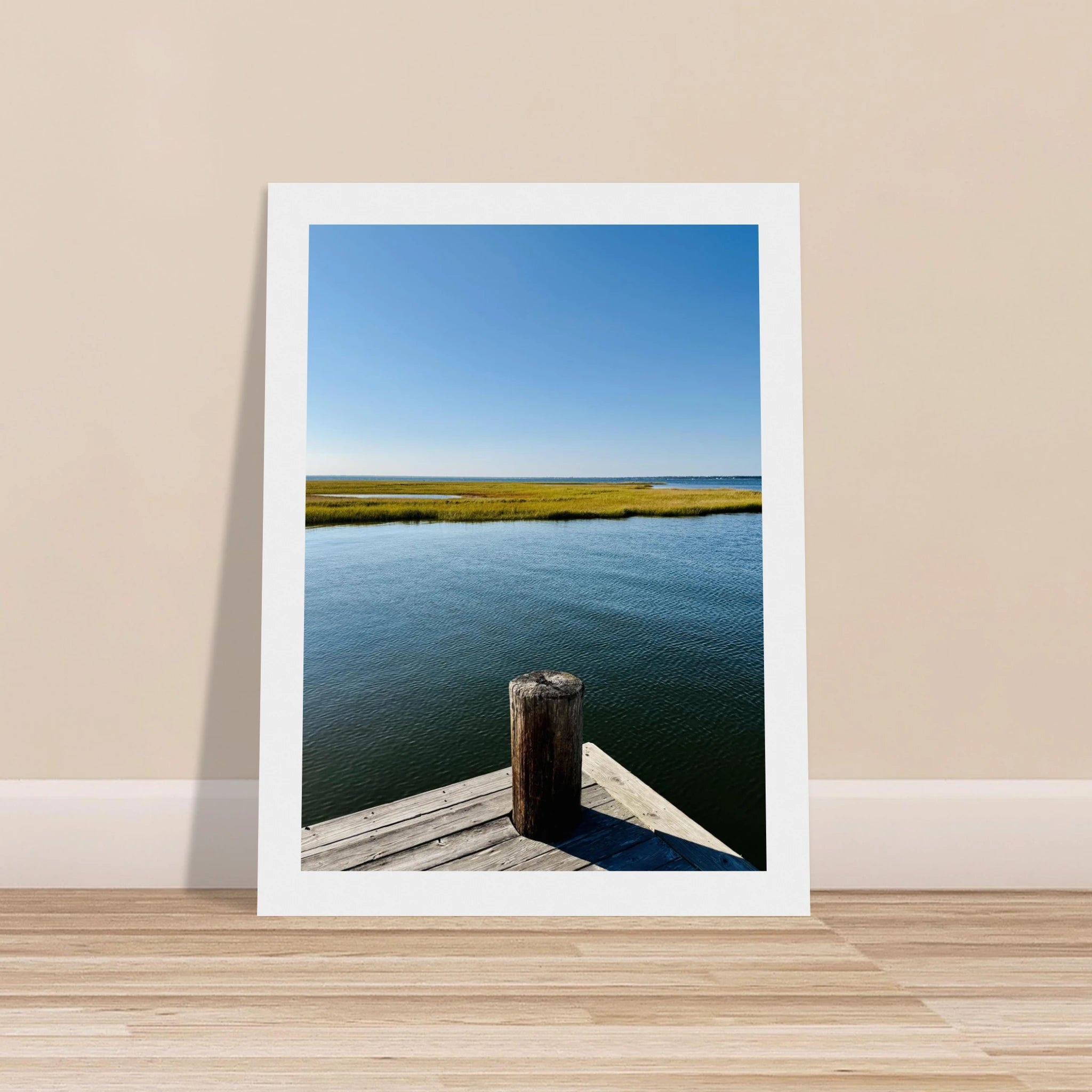Framed poster of Long Island Sound dreamy pier scene, seaside wall art from the Endless Summer Mood Travel Collection, studio edition print.